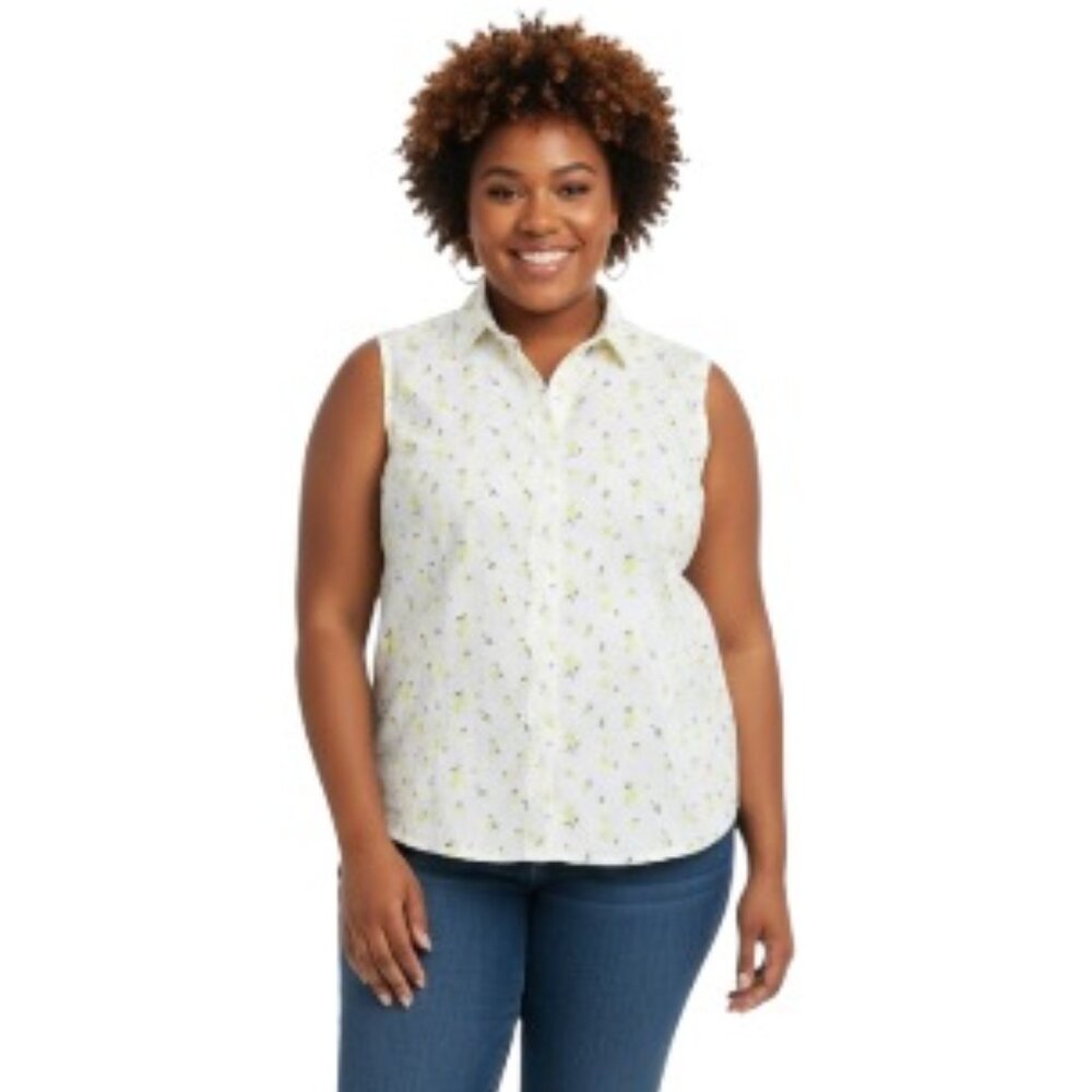 Laura Scott 2X Lemon Print Sleeveless Button Down Shirt